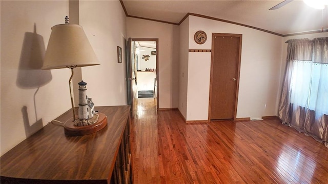 20435 Rb Hwy, Flemington, MO 65650 - interior space with crown molding, wood-type flooring, ceiling fan, lofted ceiling, and baseboards
