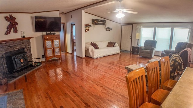 20435 Rb Hwy, Flemington, MO 65650 - living area with crown molding, lofted ceiling, ceiling fan, and wood finished floors
