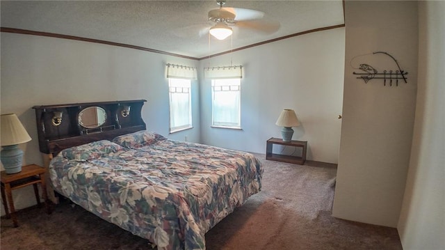 20435 Rb Hwy, Flemington, MO 65650 - carpeted bedroom featuring ornamental molding, ceiling fan, and a textured ceiling