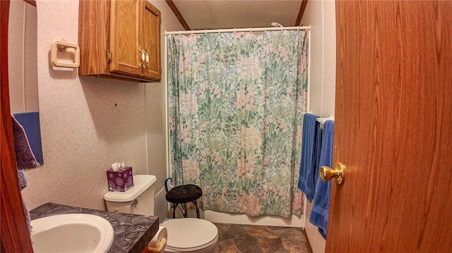 20435 Rb Hwy, Flemington, MO 65650 - full bath featuring vanity, toilet, a shower with curtain, stone finish flooring, and a textured ceiling