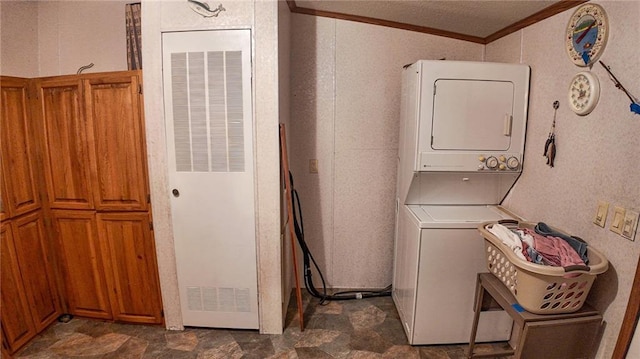 20435 Rb Hwy, Flemington, MO 65650 - laundry room featuring stacked washer / dryer, a heating unit, and ornamental molding