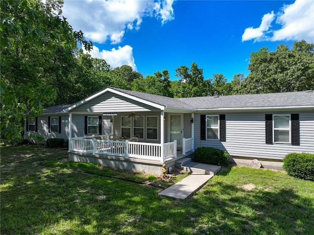 20435 Rb Hwy, Flemington, MO 65650 - ranch-style home with covered porch, a front lawn, roof with shingles, and ceiling fan