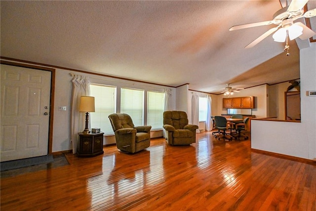 20435 Rb Hwy, Flemington, MO 65650 - living room with hardwood / wood-style flooring, a textured ceiling, ceiling fan, baseboards, and lofted ceiling