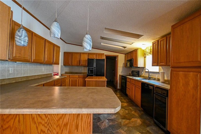20435 Rb Hwy, Flemington, MO 65650 - kitchen featuring black appliances, a sink, brown cabinetry, a textured ceiling, and tasteful backsplash