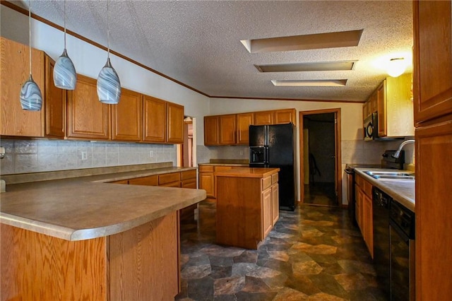 20435 Rb Hwy, Flemington, MO 65650 - kitchen with black appliances, brown cabinetry, a textured ceiling, ornamental molding, and tasteful backsplash