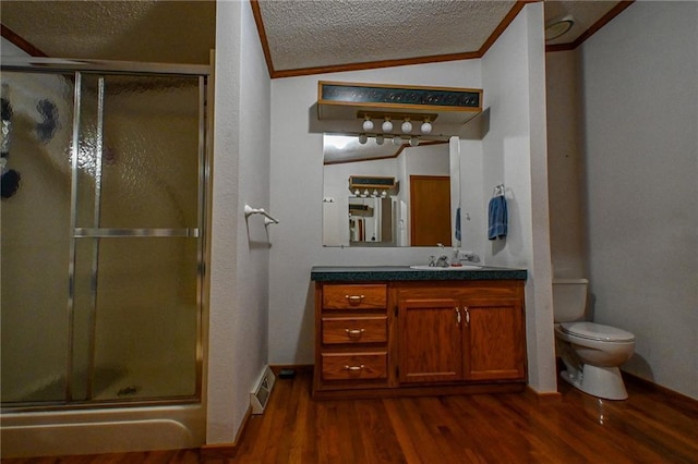 20435 Rb Hwy, Flemington, MO 65650 - full bath with crown molding, toilet, wood finished floors, vanity, and a shower stall