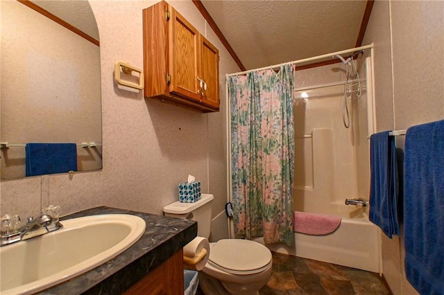 20435 Rb Hwy, Flemington, MO 65650 - full bath featuring a textured ceiling, vanity, toilet, shower / tub combo with curtain, and stone finish floors