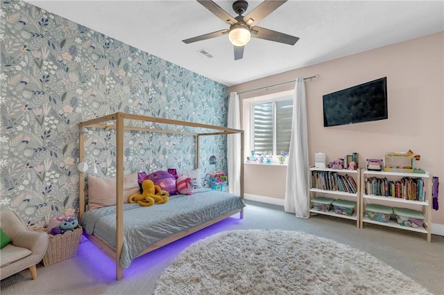 301 Sunrise Dr, Louisburg, KS 66053 - bedroom featuring wallpapered walls, baseboards, carpet, and ceiling fan