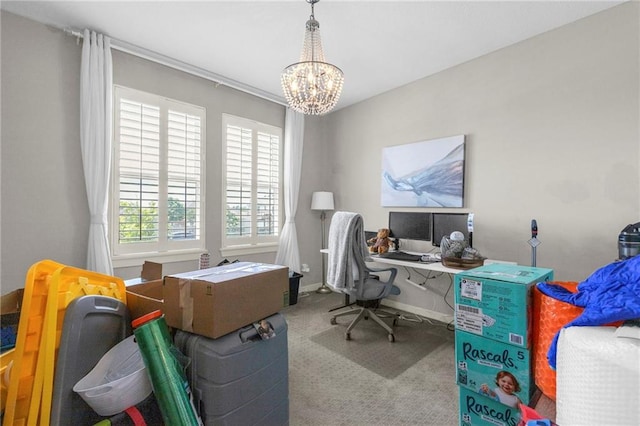 301 Sunrise Dr, Louisburg, KS 66053 - office area with carpet, a chandelier, and baseboards