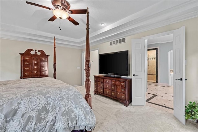 12613 Sherwood St, Leawood, KS 66209 - bedroom with carpet flooring, ornamental molding, a tray ceiling, and ceiling fan