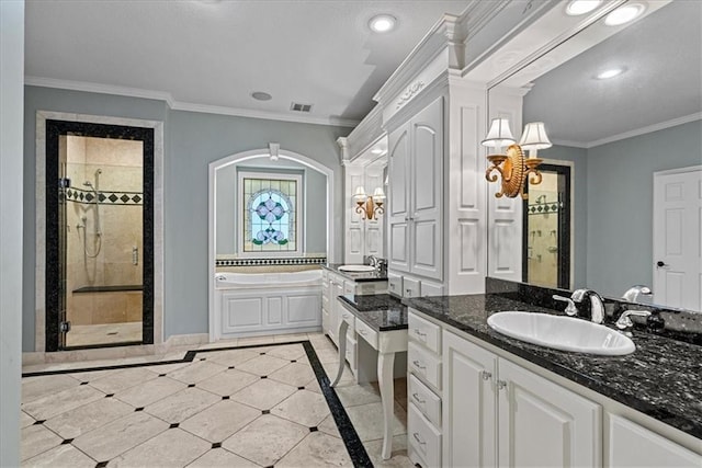 12613 Sherwood St, Leawood, KS 66209 - bathroom with a stall shower, two vanities, a garden tub, ornamental molding, and recessed lighting
