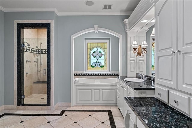 12613 Sherwood St, Leawood, KS 66209 - full bath featuring a stall shower, a bath, crown molding, vanity, and baseboards
