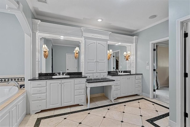 12613 Sherwood St, Leawood, KS 66209 - bathroom with two vanities, inlaid floor details, a garden tub, ornamental molding, and baseboards