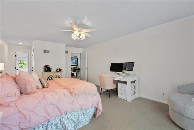 12613 Sherwood St, Leawood, KS 66209 - bedroom featuring crown molding, light carpet, a desk, baseboards, and a ceiling fan