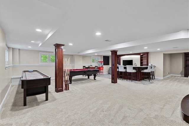 12613 Sherwood St, Leawood, KS 66209 - rec room with bar, carpet floors, billiards, baseboards, and recessed lighting