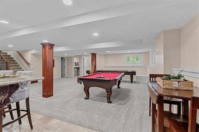 12613 Sherwood St, Leawood, KS 66209 - recreation room featuring billiards table, light carpet, recessed lighting, baseboards, and decorative columns