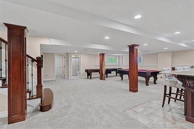 12613 Sherwood St, Leawood, KS 66209 - rec room featuring light colored carpet, billiards, recessed lighting, baseboards, and decorative columns