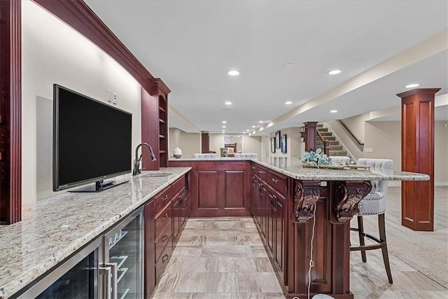 12613 Sherwood St, Leawood, KS 66209 - indoor bar with beverage cooler, recessed lighting, and stairs