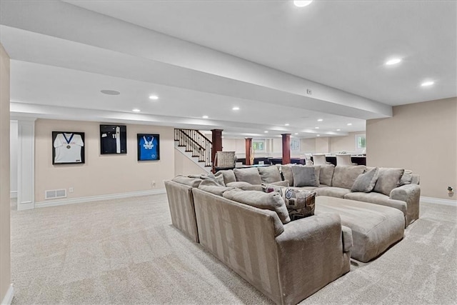 12613 Sherwood St, Leawood, KS 66209 - living room with light carpet, baseboards, recessed lighting, stairway, and bar