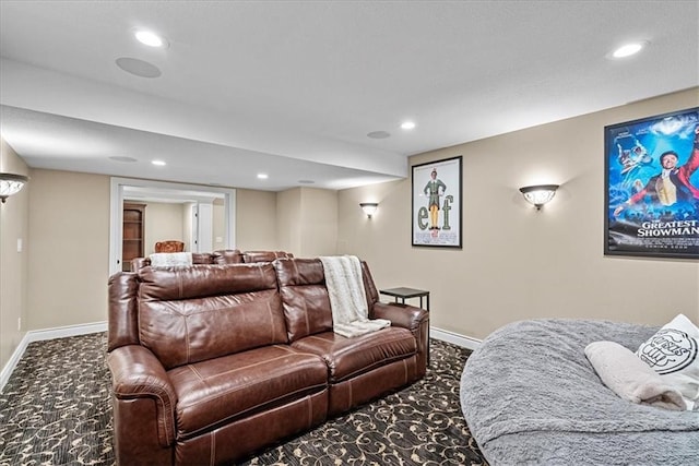 12613 Sherwood St, Leawood, KS 66209 - carpeted home theater room featuring baseboards and recessed lighting