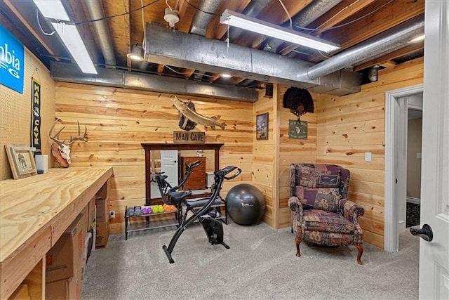 12613 Sherwood St, Leawood, KS 66209 - workout area featuring wood walls and carpet flooring