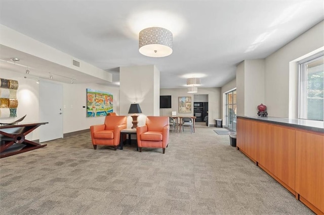 sitting room with light colored carpet