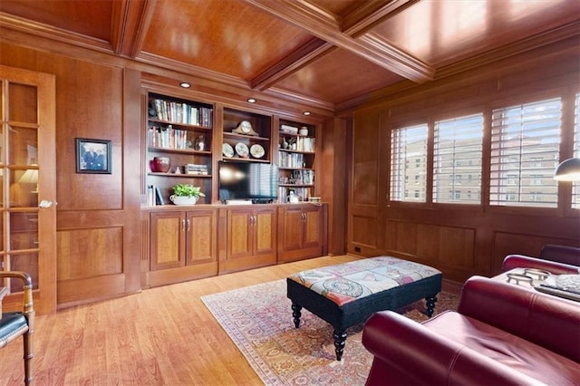 office area with crown molding, wood ceiling, wood walls, coffered ceiling, and light wood-type flooring