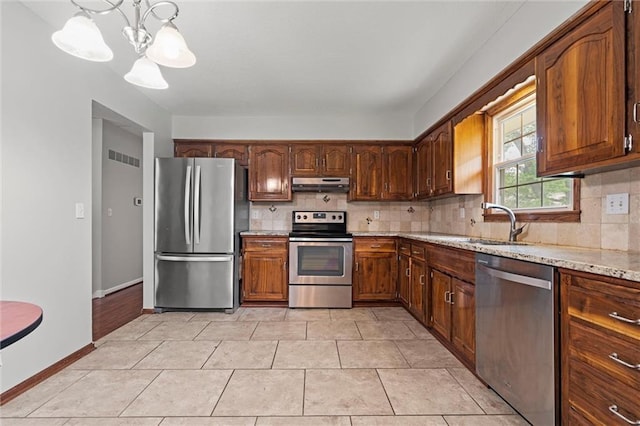 kitchen with stainless steel appliances, under cabinet range hood, a sink, a chandelier, and tasteful backsplash