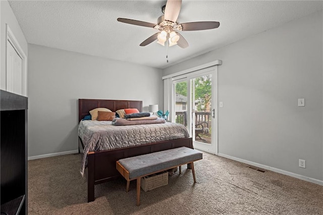 bedroom with access to outside, carpet flooring, ceiling fan, baseboards, and a textured ceiling