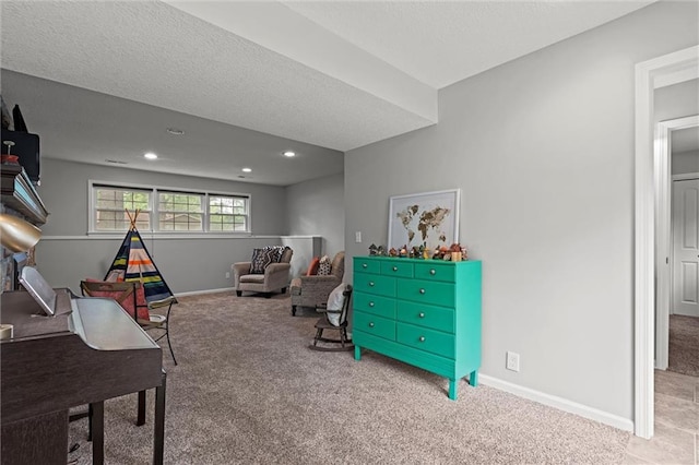 game room featuring carpet, baseboards, and recessed lighting