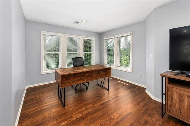 12843 Noland St, Overland Park, KS 66213 - office area featuring baseboards and dark wood-type flooring