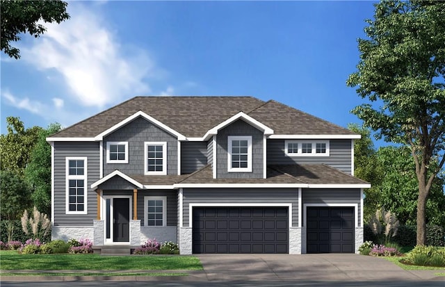 view of front of home with stone siding, driveway, an attached garage, and a front lawn