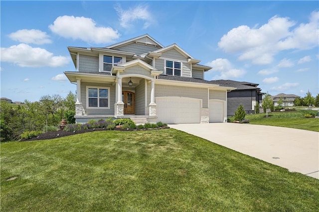 11588 S Houston St, Olathe, KS 66061 - craftsman house featuring a garage, concrete driveway, a front lawn, covered porch, and stone siding
