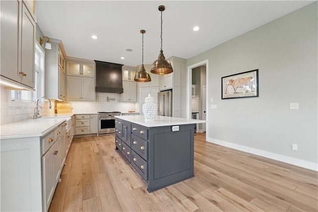 11588 S Houston St, Olathe, KS 66061 - kitchen featuring high quality appliances, custom range hood, light wood-style floors, light countertops, and decorative backsplash