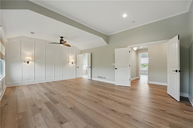 11588 S Houston St, Olathe, KS 66061 - unfurnished living room featuring light wood finished floors, crown molding, a ceiling fan, and baseboards