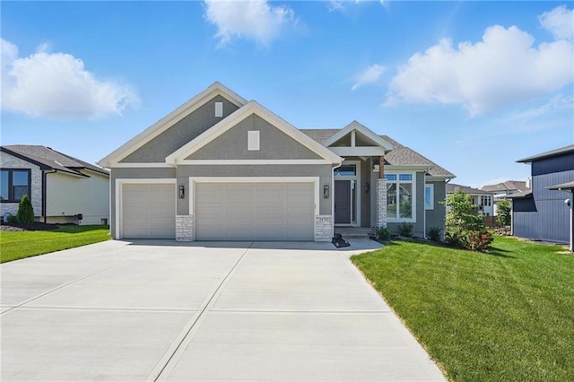 24765 W 89th Ter, Lenexa, KS 66227 - craftsman-style home featuring a garage, a front lawn, stucco siding, driveway, and stone siding