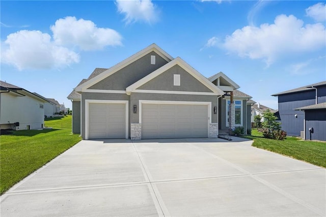 24765 W 89th Ter, Lenexa, KS 66227 - craftsman house with an attached garage, driveway, a front yard, stucco siding, and stone siding