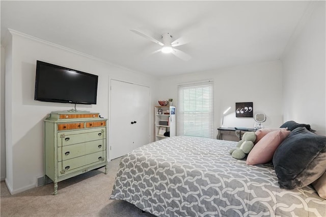9849 Riggs St, Overland Park, KS 66212 - bedroom with light carpet, ornamental molding, a ceiling fan, and baseboards