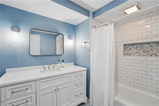9849 Riggs St, Overland Park, KS 66212 - bathroom featuring vanity and shower / bathtub combination with curtain