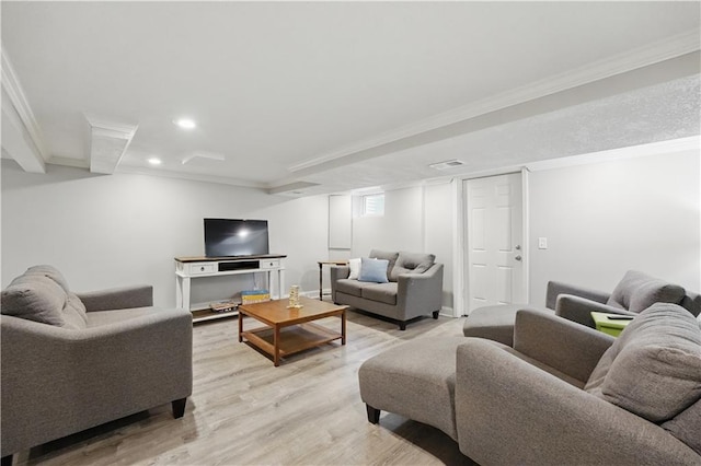 9849 Riggs St, Overland Park, KS 66212 - living area featuring light wood-type flooring, crown molding, recessed lighting, and baseboards