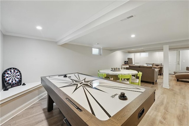 9849 Riggs St, Overland Park, KS 66212 - game room with light wood-style floors, crown molding, baseboards, and recessed lighting
