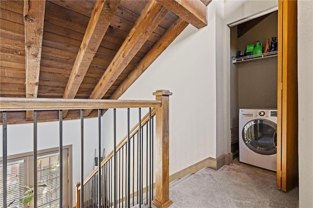 laundry room with washer / clothes dryer, wood ceiling, carpet floors, and baseboards