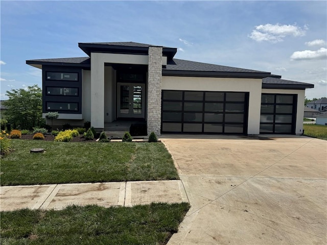 22659 W 87th St, Lenexa, KS 66227 - view of front of property with an attached garage, driveway, stucco siding, a front yard, and roof with shingles