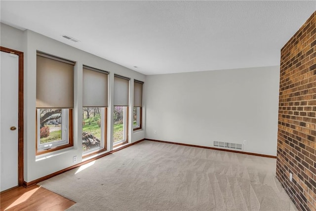 spare room featuring carpet floors, baseboards, and brick wall