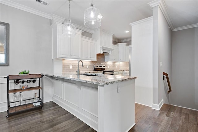 15908 Fontana St Unit 240, Overland Park, KS 66085 - kitchen featuring stainless steel electric range oven, a sink, dark wood finished floors, decorative backsplash, and light stone counters