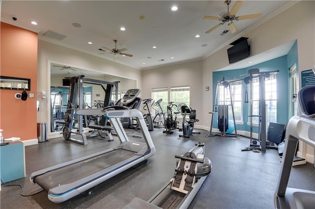 15908 Fontana St Unit 240, Overland Park, KS 66085 - workout area featuring a ceiling fan, ornamental molding, recessed lighting, and baseboards