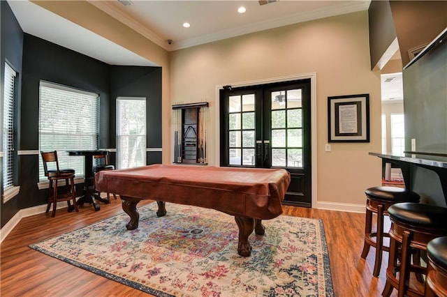 15908 Fontana St Unit 240, Overland Park, KS 66085 - game room featuring crown molding, baseboards, french doors, wood finished floors, and billiards