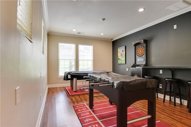 15908 Fontana St Unit 240, Overland Park, KS 66085 - rec room featuring baseboards, crown molding, billiards table, wood finished floors, and recessed lighting