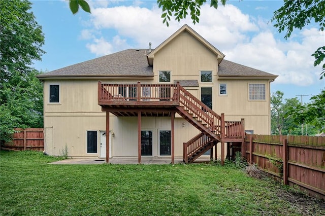 7100 N Cherry St, Gladstone, MO 64118 - rear view of house featuring stairway, a deck, and roof with shingles