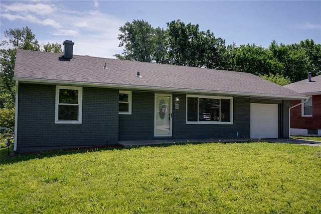 3001 S Hardy Ave, Independence, MO 64052 - ranch-style house with brick siding, an attached garage, a front lawn, a chimney, and a shingled roof
